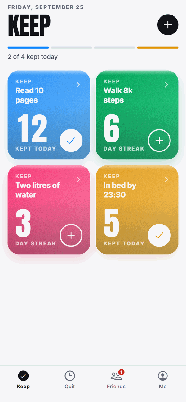 The Keep & Quit home screen: colourful habit cards with streaks and a clean-time clock.